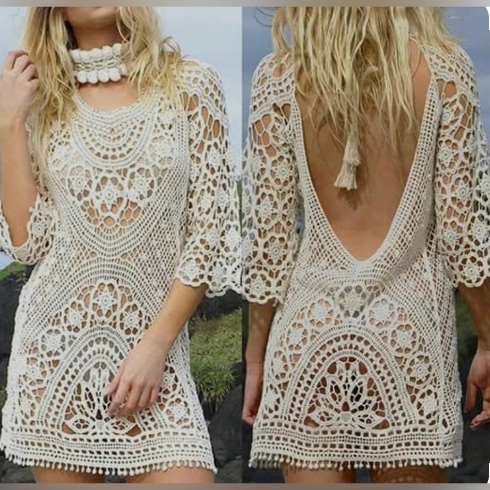 Le Salty Label crochet swimsuit cover up scoop tassel tie back cream tan s/m